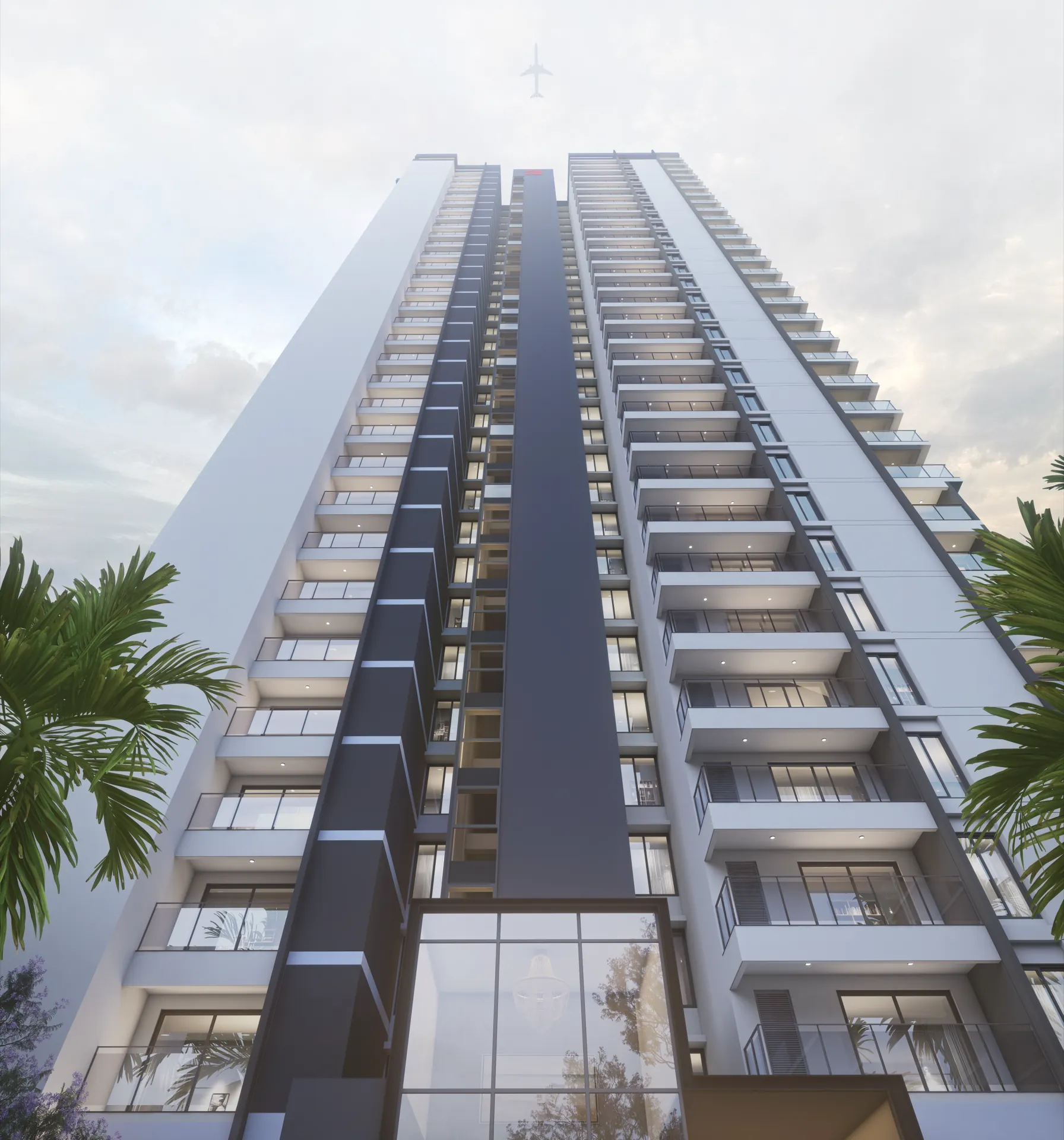 Upward view along a tower facade, showing the stacked balconies and full-height glazing
