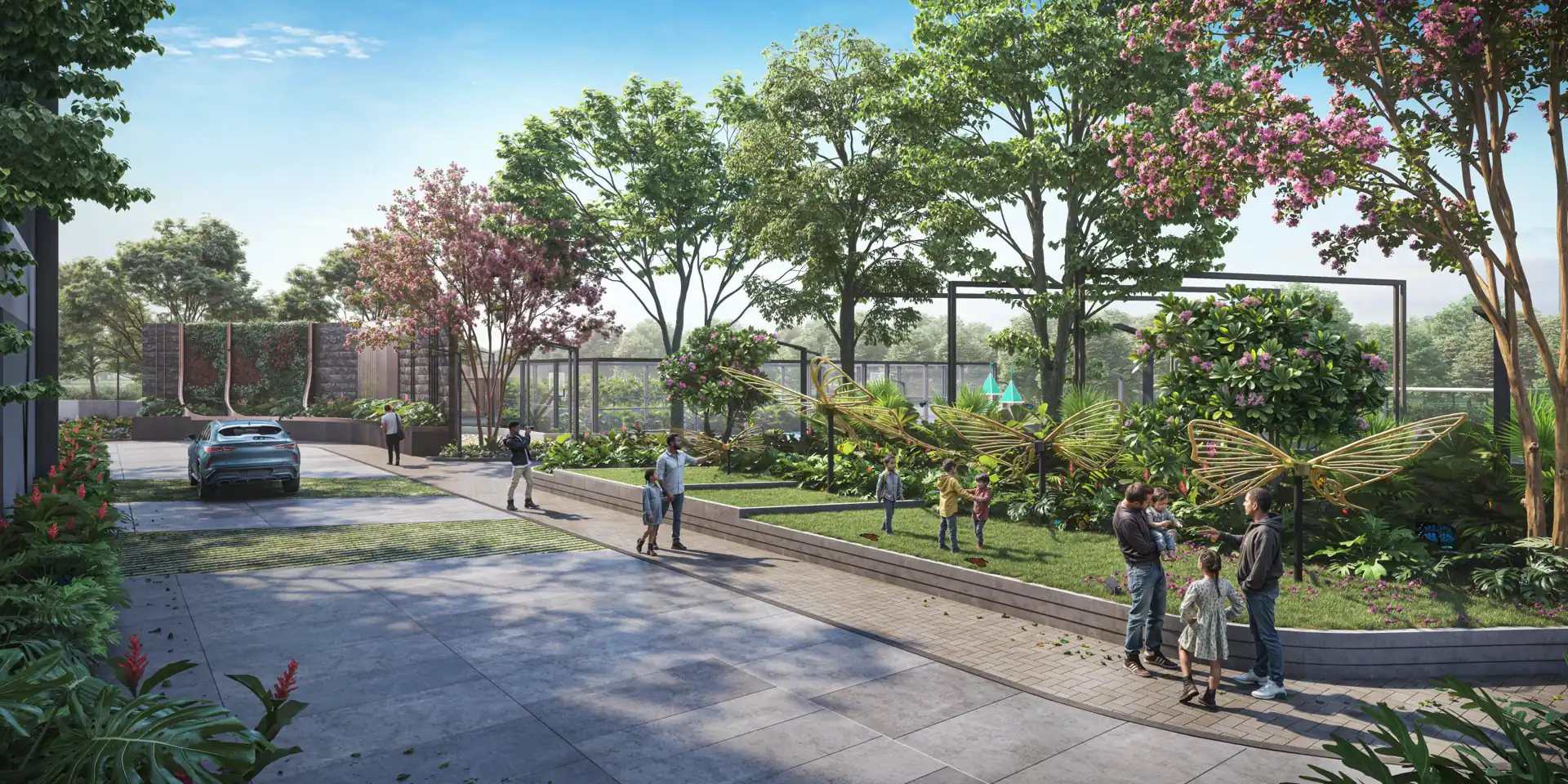 Landscaped podium garden with butterfly sculptures, a raised lawn, seating edge and a shaded pavilion