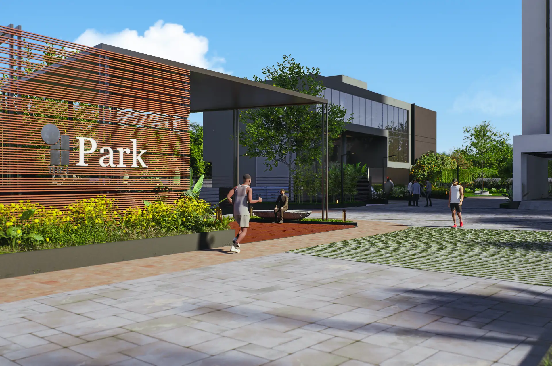 Landscaped forecourt with a timber-slatted screen wall, the low-rise clubhouse block behind, and residents jogging and walking on the paved walkway
