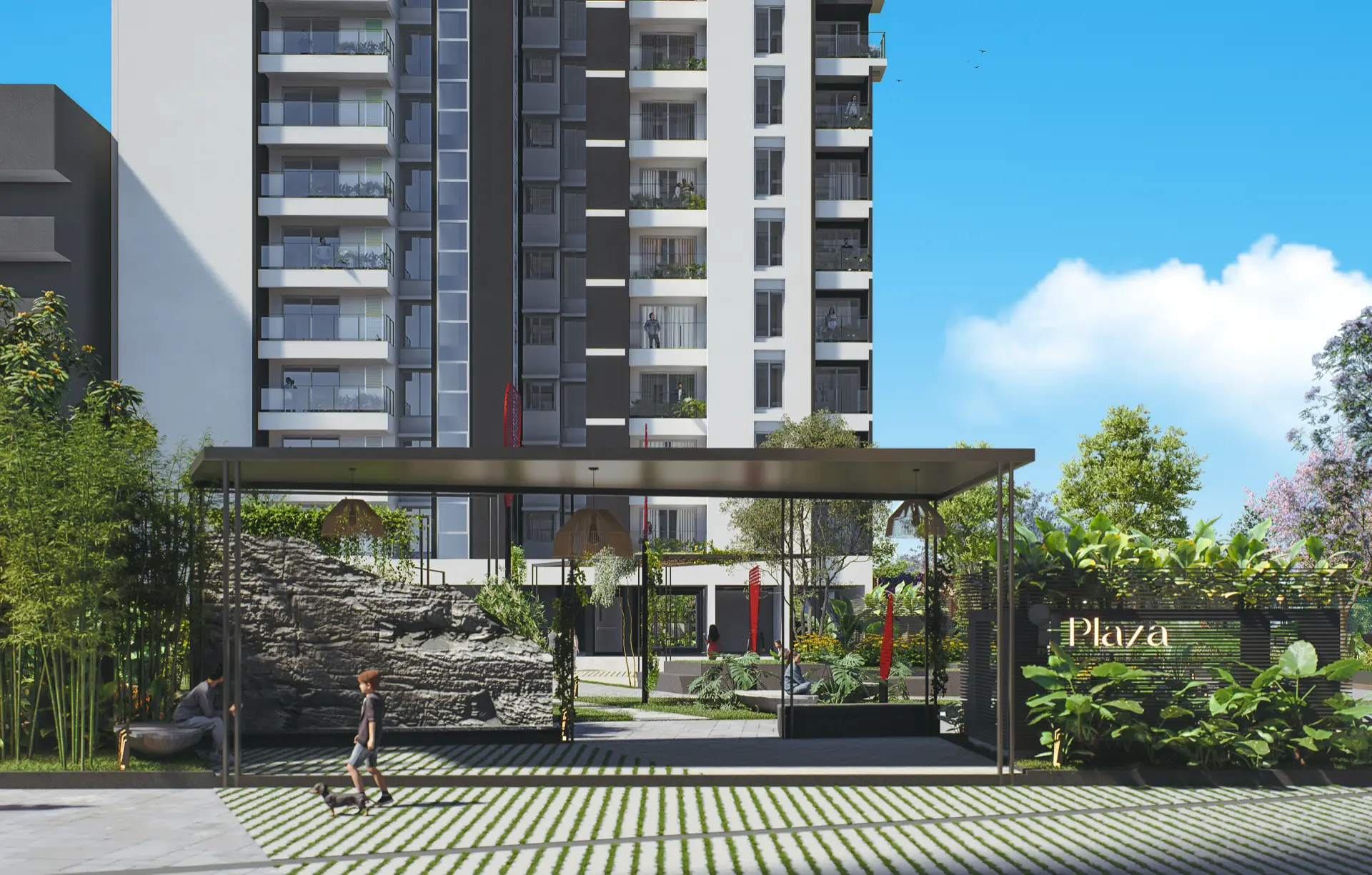 Shaded seating plaza under a flat canopy with hanging lights, a sculpted rock water feature and a tower with planted balconies rising behind