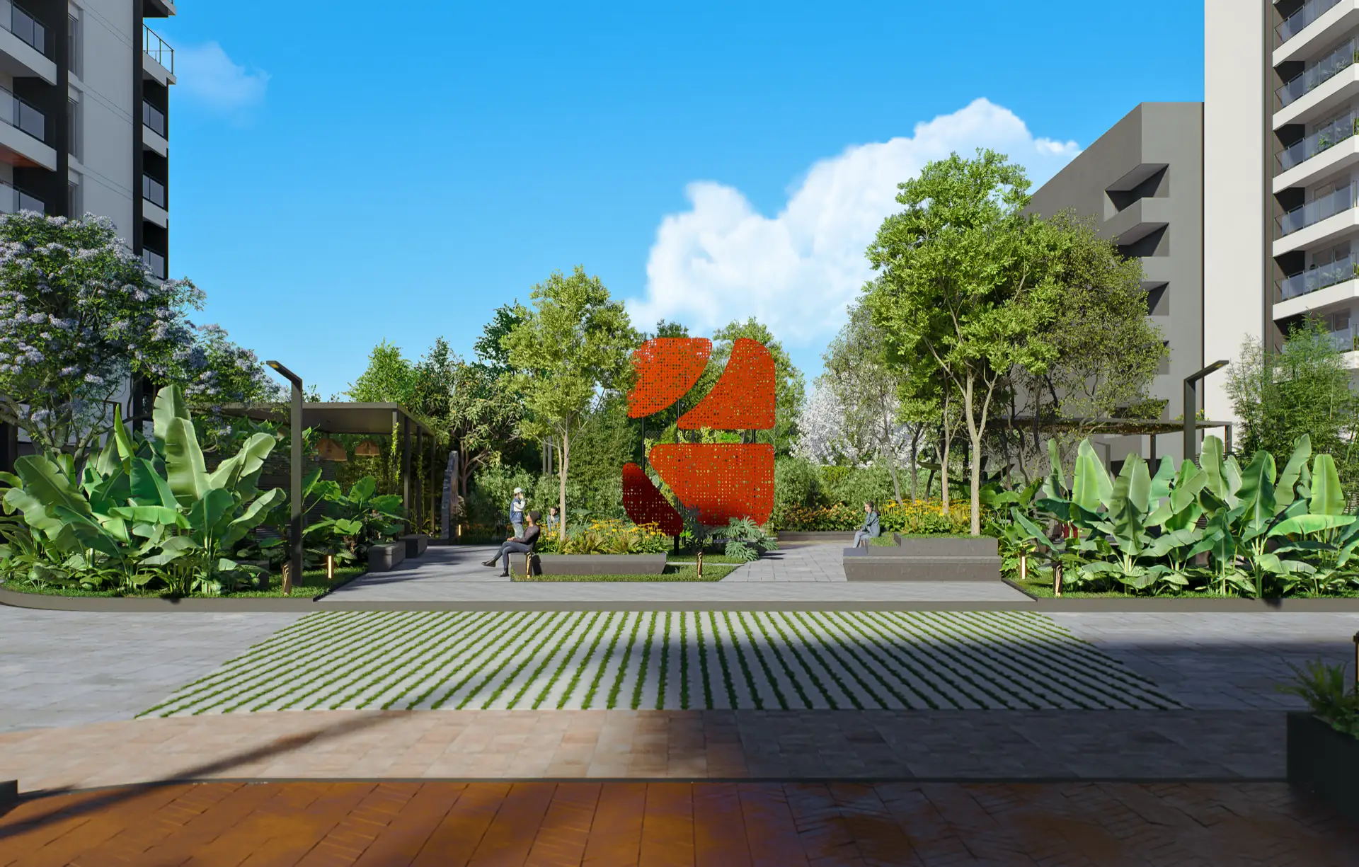 Central landscaped court framed by the towers, with a large red perforated-metal sculpture as the focal point, seating steps and tropical planting
