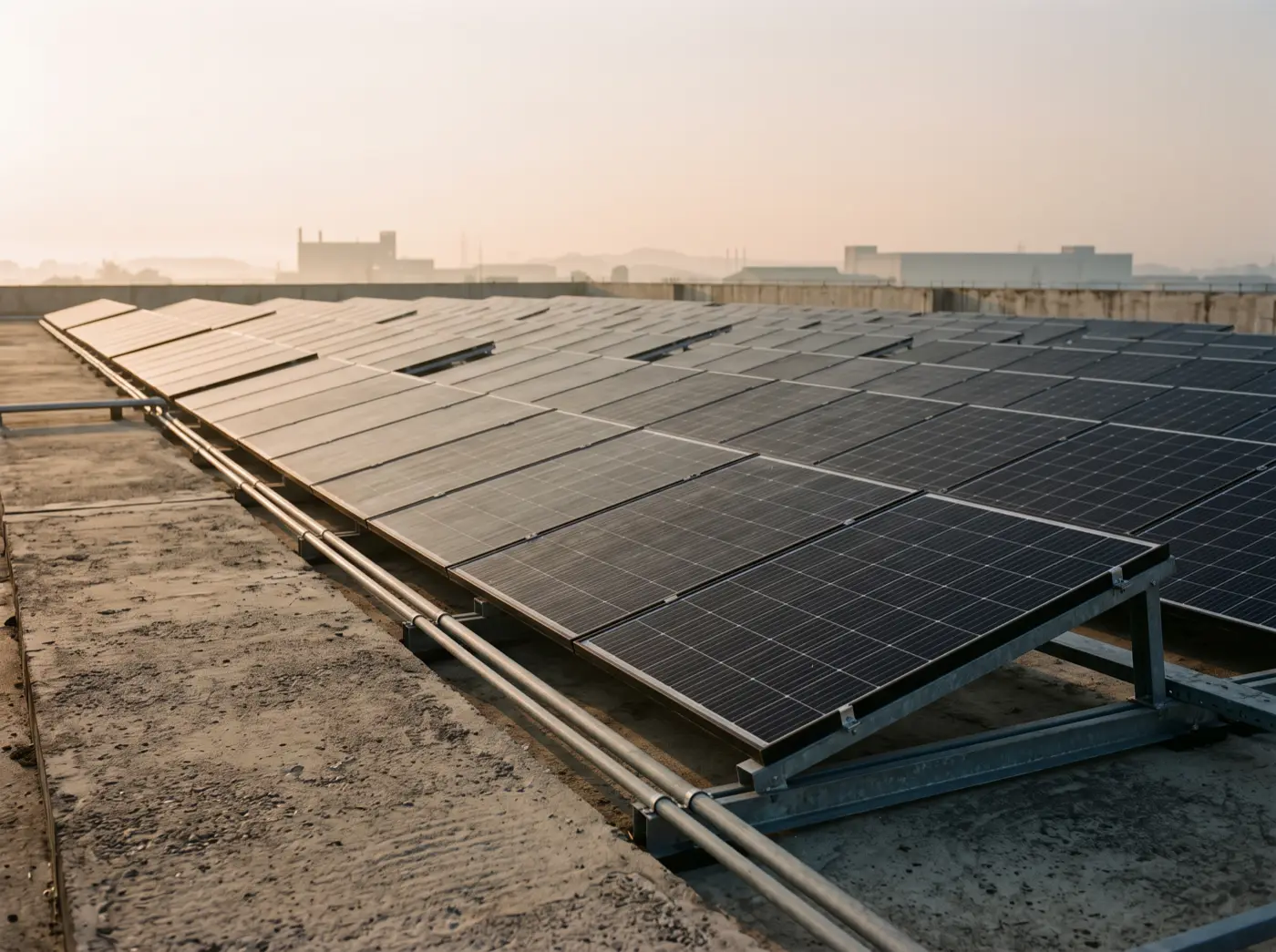 Illustration: a rooftop photovoltaic array on steel frames at first light