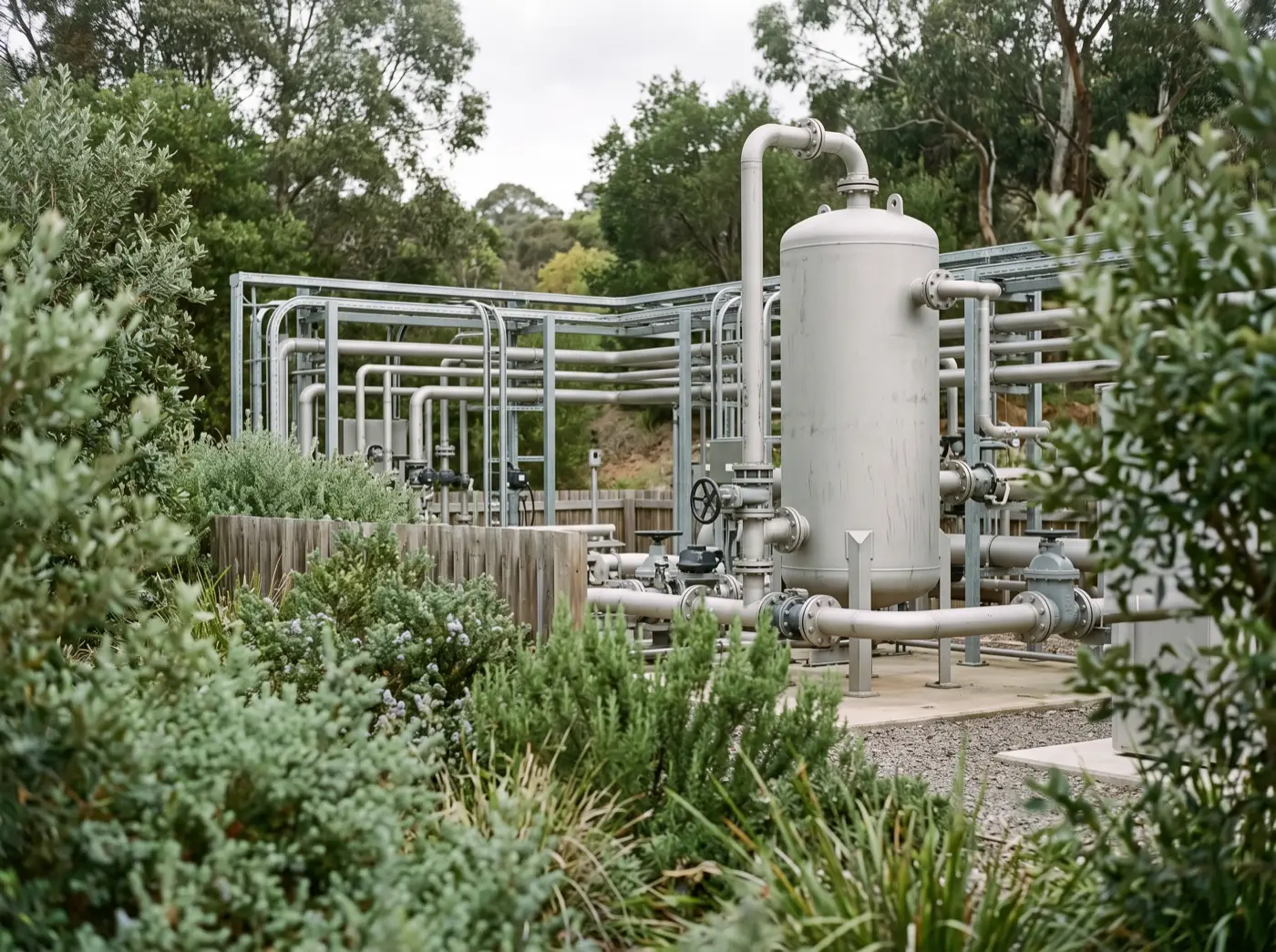 Illustration: a screened treatment plant, its pipework and pressure vessel set behind planting