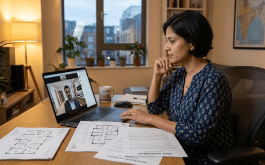 NRI investor evaluating Bangalore real estate remotely while reviewing legal documents and apartment plans in 2026