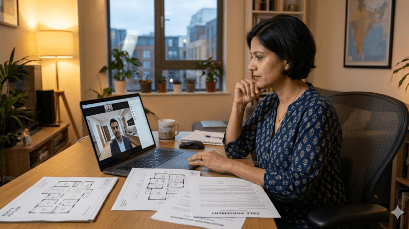 NRI investor evaluating Bangalore real estate remotely while reviewing legal documents and apartment plans in 2026