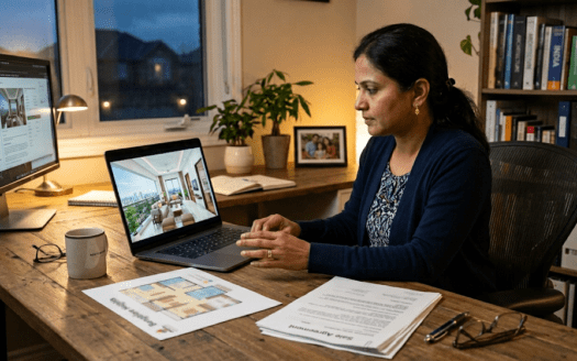 NRI buyer in the US reviewing a Bangalore apartment purchase remotely through virtual tours and legal documentation in 2026