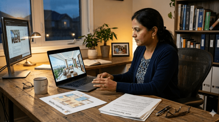 NRI buyer in the US reviewing a Bangalore apartment purchase remotely through virtual tours and legal documentation in 2026