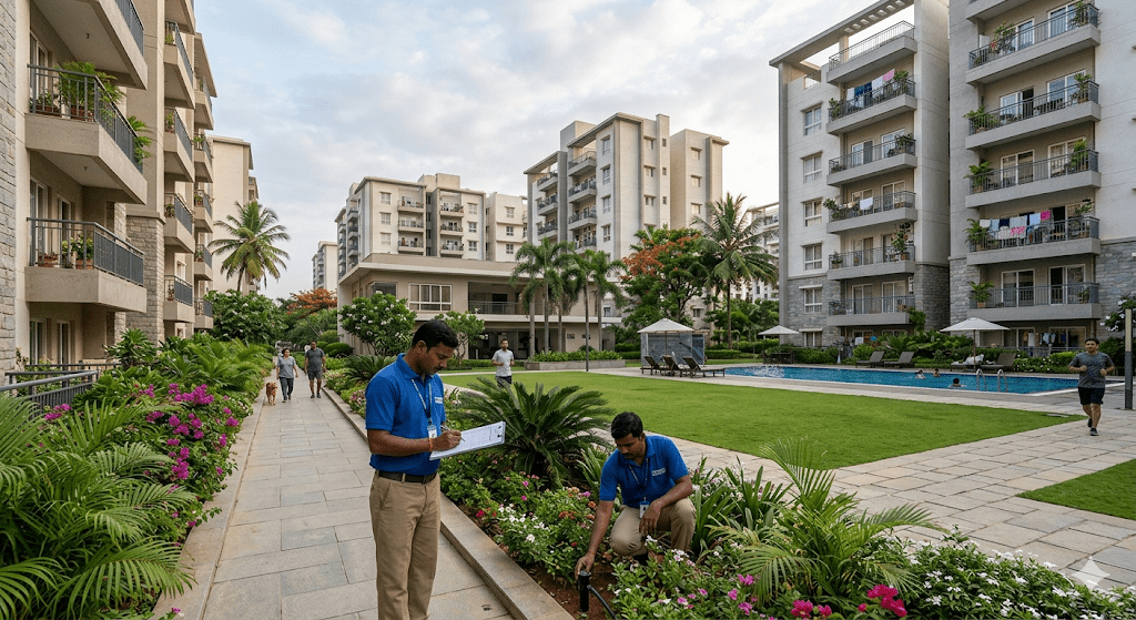 Professionally managed apartment complex in Bangalore supporting remote NRI property ownership and rental management
