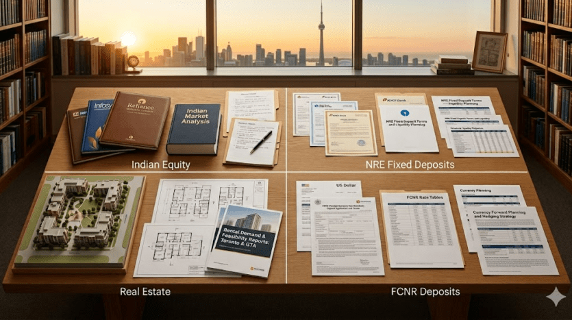 Portfolio allocation across real estate, Indian equities, NRE fixed deposits, and FCNR deposits for US and Canada-based NRI investors in 2026