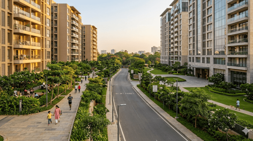 Comparison of premium and luxury apartment communities in Bangalore showing differences in density, open space, and residential experience