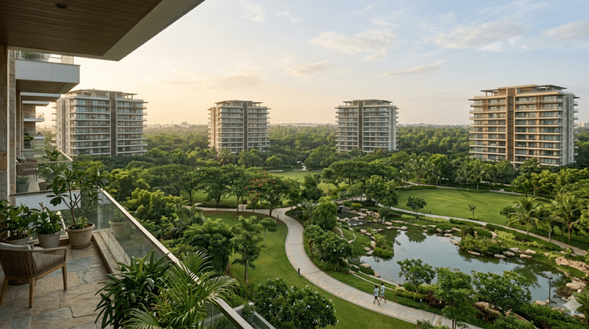 Low-density luxury apartment community in Bangalore with expansive open spaces, landscaped grounds, and premium residential design