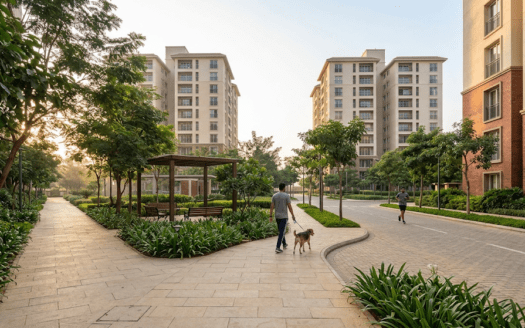 Low-density premium apartment community in Bangalore with spacious landscaping, pedestrian pathways, and strong residential privacy