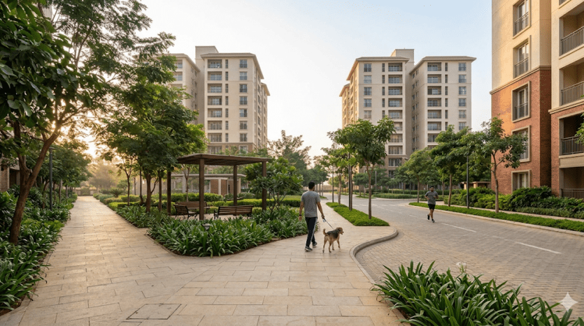 Low-density premium apartment community in Bangalore with spacious landscaping, pedestrian pathways, and strong residential privacy