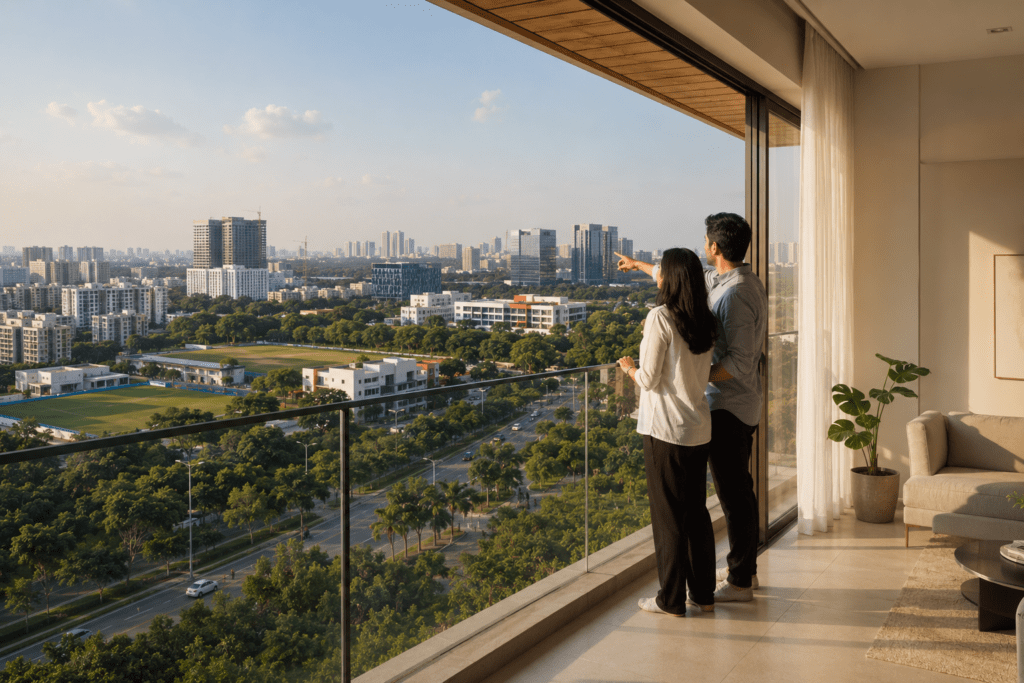 Homebuyers evaluating the surrounding neighbourhood from a premium apartment balcony on Sarjapur Road before purchasing a home in Bangalore