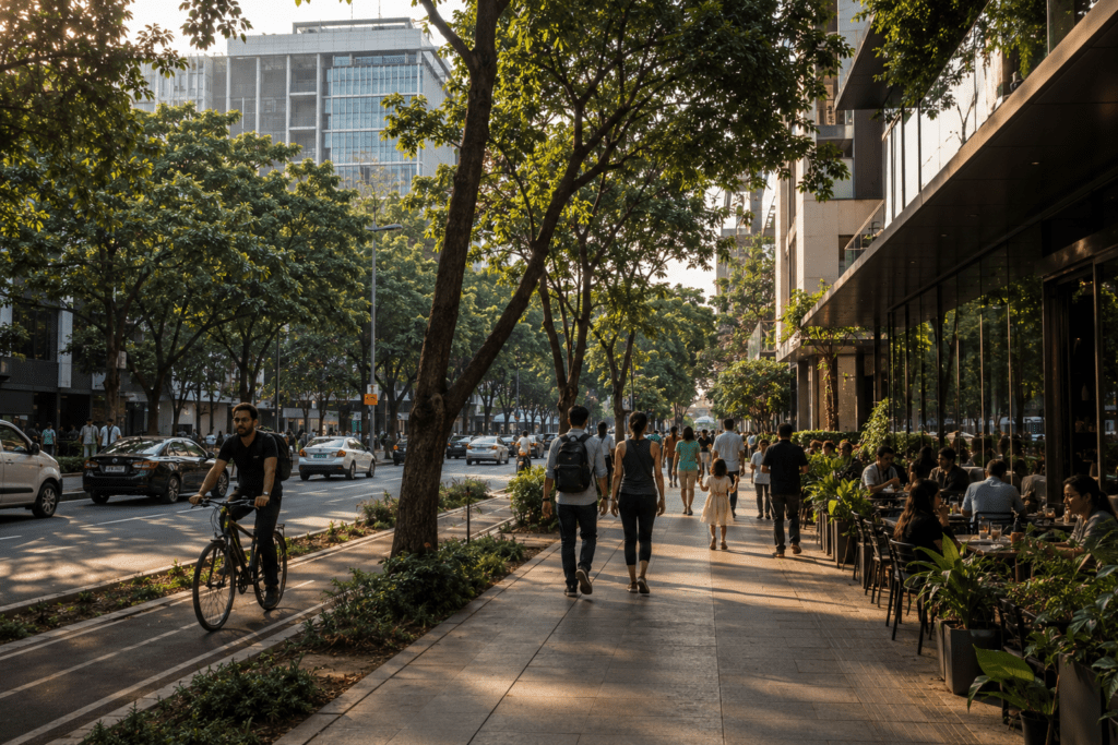 Vibrant East Bangalore neighbourhood with cafés, residential communities, pedestrian-friendly streets, and employment access supporting premium apartment prices