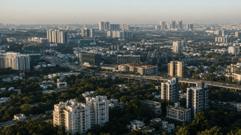 Panoramic view of Bangalore showing diverse residential corridors and commercial districts influencing apartment prices across the city in 2026